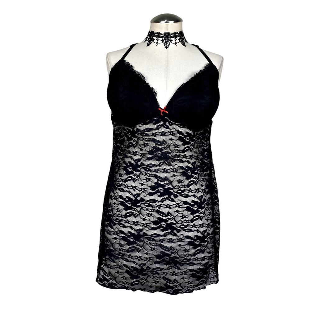 Gilligan & O'Malley Goth Whimsigoth Romantic Lace Bow Sexy Sheer Lace Slip Dress